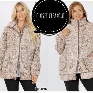 NEW PLUSH BROWN SHERPA ZIP UP JACKET W/ POCKETS